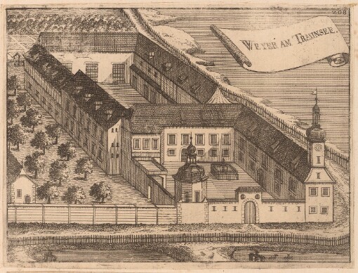 [Topographia Austriae Superioris Modernae: Das ist: Contrafee vnd Abbildung aller Städt, Clöster, Herrschafften vnd Schlösser, deß Etz-Hertzogthumbs Oesterreich, Ob der Ennß, welche Theils nach freyen Aug, Theils nach der Perspectivae Kunst ad vivum deliniert vnd abgezeichnet worden, sambt einer Specification der Jetzigen Herrn Possessorn vnd Besitzer]. 208. Weyer am Traunsee