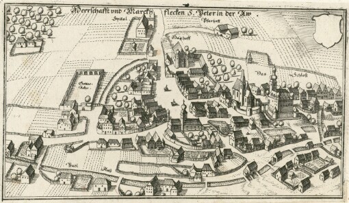 [Topographia Provinciarum Austriacarum, Austriae Styriae, Carinthiae, Carniolae, Tyrolis etc., Das ist Beschreibung Vnd Abbildung der fürnembsten Stätt Vnd Plätz in den Osterreichischen Landen Vnder vnd Ober Osterreich, Steyer, Kärndten, Crain Vnd Tyrol]. Herrschafft vnd Marckhflecken S. Peter in der Aw
