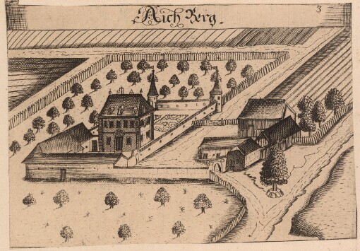 [Topographia Austriae Superioris Modernae: Das ist: Contrafee vnd Abbildung aller Städt, Clöster, Herrschafften vnd Schlösser, deß Etz-Hertzogthumbs Oesterreich, Ob der Ennß, welche Theils nach freyen Aug, Theils nach der Perspectivae Kunst ad vivum deliniert vnd abgezeichnet worden, sambt einer Specification der Jetzigen Herrn Possessorn vnd Besitzer]. Aich Berg