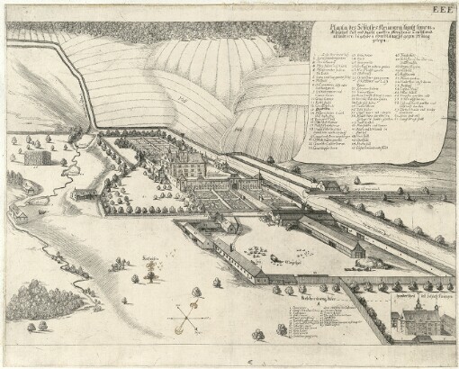 [Topographia Windhagiana: Das ist: Aygentliche Delineation, oder Contrafaitur, Perspectiv, Auffzug, Grund: und Abriß auff underschiedliche Prospecten und Formen mit beygesetzter kurtzer Historischer Beschreibung beyder Herrschafften Windhaag und Reichenau]. EEE. Planta des Schlosses Neuntzen sambt leinem Meyrhof Lult vnd Kuchl gartten Preyhaus Leicht vnd all andtern Zugehörn von Mitnacht gegen Mittag gelegn