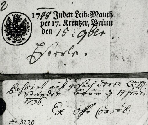 Židovské osobní propustky ke vstupu do města Brna v hodnotě 17 krejcarů z 15.11.1784 a 14.1.1736. 164