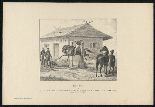 Sándor-Album: Reiten der Araber-Stute Makats durch die Thüre bei der Wohnung des Chármather Revier-Jägers, wobei ich der Thürstock mit der Brust eindrückte, ohne üble Folgen für meine Gesundheit. 11