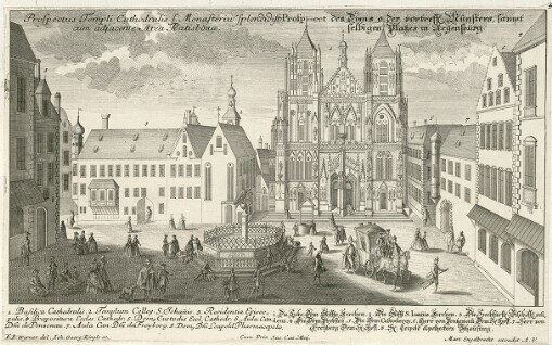 [Repraesentatio & Delineatio diversorum Prospectuum celeberrimae & liberae Imperii Civitatis Ratisbonae: cujus tam praecipua Fora & Areae, quam Templa & alia Aedificia juxta Naturam & Situm accuratissime = Vorstellung und Abrisse unterschiedlicher Prospecte Der Welt- berühmten Freyen Reichs-Stadt Regensburg, So wohl der vornehmsten Plätze, als auch einiger Kirchen und anderer Gebäude, Nach der Natur und Situation auf das fleißigste]. 4. Prospectus Templi Cathedalis s. Monasterius splendidiss. cum adjacente Area Ratisbonae = Prospect des Doms oder vortreffl. Münster, sampt selbigen Platzes in Regenspürg
