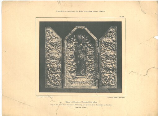 Kirchliche Ausstellung des Mähr. Gewerbemuseums 1884-5. No. 99. Flügel-Altärchen, Ebenholzkästchen 18 1/2 cm breit 33 cm hoch, durchwegs mit Silberbeschlag, reich getriebene Arbeit Madonnenfigur aus Eichenholz. Pfarrkirche Morawetz