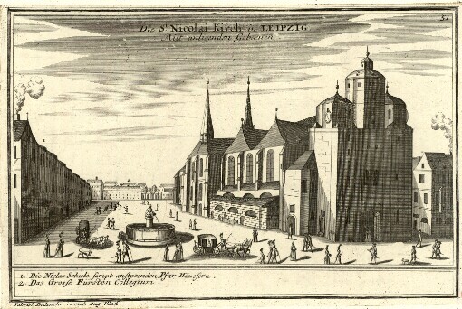 Die St. Nicolai Kirch in Leipzig Mitt anligenden Gebaeuen. 51