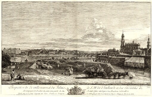 Perspective de la ville neuve, et du Palais de S. M. dit d'Hollande et des Environs de La campagne de Losehuwitz, avec vne partie de La Roiale Eglise Catolique et des Bastions de la ville de