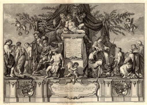 Scelta Di XXIV Vedute delle principali Contrade, Piazze, Chiese, e Padazzi della Citta di Firenze: Dedicata Alla Sacra Reale Apostolica Maesta di Maria Teresa Regina d'Ungheria Ediboemia, Arciduchessa d'Austria e Granduchessa di Toscana &c. &c. &c. Questo Frontespizio dato ora in Luce per La prima volta, é prefero dalla Pittura originale á fresco fatta dal Mannozzi detto Giovanni da San Giovanni nel Prospetto di una Casa posta in Firenze infaccia alla Porta Romana