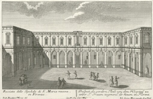 [Florentia. La Famosa e meritevole Citta di Firenze, cio é I piu considerabili Prospetti delli Chiese, Residenze, Pallazi, Piazze e Ville d'entro e fuori di detta excelsa Citta: Florenz. Das sehenswürdige und berühmte Florenz, das ist Accurate Abbildungen, derer vornehmbsten Prospecten von Kirchen, Residentien, Pallatien, Plaetzen und Lust-Häussern, in und um diese berühmte Haupt- und Residenz-Stadt]. Facciata dello Spedale di S. Maria nuova, in Firenze = Prospect des vordern Theils von dem Hospital zu unser L: Frauen zugenandt der Neuen, in Florenz