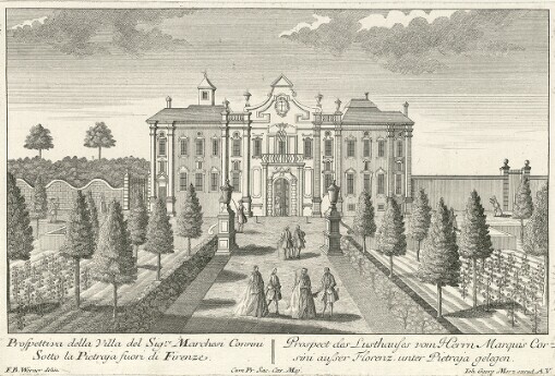 [Florentia. La Famosa e meritevole Citta di Firenze, cio é I piu considerabili Prospetti delli Chiese, Residenze, Pallazi, Piazze e Ville d'entro e fuori di detta excelsa Citta: Florenz. Das sehenswürdige und berühmte Florenz, das ist Accurate Abbildungen, derer vornehmbsten Prospecten von Kirchen, Residentien, Pallatien, Plaetzen und Lust-Häussern, in und um diese berühmte Haupt- und Residenz-Stadt]. Prospettiva della Villa del Sigre. Marchesi Corsini Sotto la Pietraja fuori di Firenze = Prospect des Lusthauses vom Herrn Marquis Corsini ausser Florenz, unter Pietraja gelegen