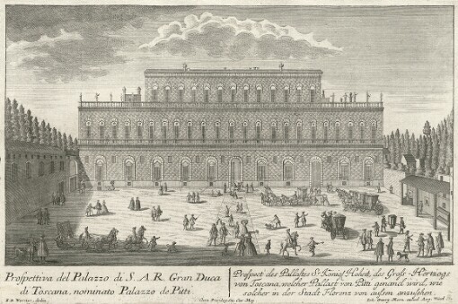 [Florentia. La Famosa e meritevole Citta di Firenze, cio é I piu considerabili Prospetti delli Chiese, Residenze, Pallazi, Piazze e Ville d'entro e fuori di detta excelsa Citta: Florenz. Das sehenswürdige und berühmte Florenz, das ist Accurate Abbildungen, derer vornehmbsten Prospecten von Kirchen, Residentien, Pallatien, Plaetzen und Lust-Häussern, in und um diese berühmte Haupt- und Residenz-Stadt]. Prospettiva del Palazzo di S.A.R. Gran Duca di Toscana, nominato Palazzo de Pitti = Prospect des Pallastes Sr. Königl. Hoheit, der Gross-Hertzogs von Toscana, welcher Pallast von Pitti genand wird, wie solcher in der Stadt Florenz von aussen anzusehen