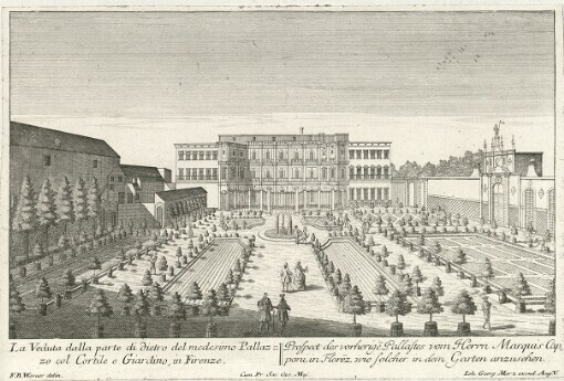 [Florentia. La Famosa e meritevole Citta di Firenze, cio é I piu considerabili Prospetti delli Chiese, Residenze, Pallazi, Piazze e Ville d'entro e fuori di detta excelsa Citta: Florenz. Das sehenswürdige und berühmte Florenz, das ist Accurate Abbildungen, derer vornehmbsten Prospecten von Kirchen, Residentien, Pallatien, Plaetzen und Lust-Häussern, in und um diese berühmte Haupt- und Residenz-Stadt]. La Veduta dalla parte di dietro del medesimo Pallazzo col Cortile e Giardino, in Firenze = Prospect des vorherigen Pallastes vom Herrn Marquis Capponi, in Florenz wie solcher in dem Garten anzusehen