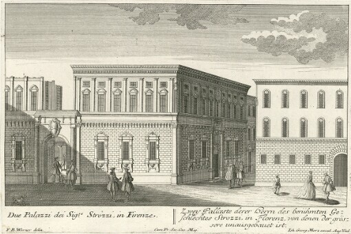 [Florentia. La Famosa e meritevole Citta di Firenze, cio é I piu considerabili Prospetti delli Chiese, Residenze, Pallazi, Piazze e Ville d'entro e fuori di detta excelsa Citta: Florenz. Das sehenswürdige und berühmte Florenz, das ist Accurate Abbildungen, derer vornehmbsten Prospecten von Kirchen, Residentien, Pallatien, Plaetzen und Lust-Häussern, in und um diese berühmte Haupt- und Residenz-Stadt]. Due Palazzi dei Sigre. Strozzi in Firenze = Zwey Pallaeste derer Herrn des berühmten Geschlechtes Strozzi, in Florenz, von denen der grössere unausgebauet ist