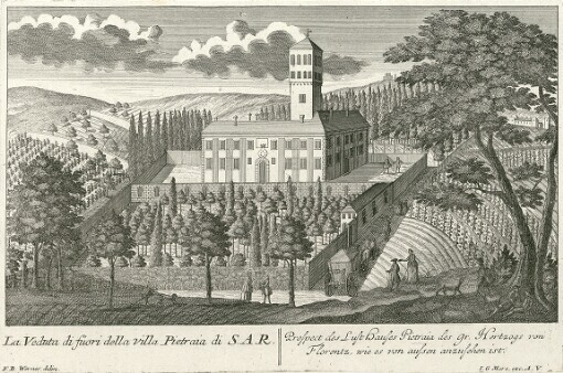 [Florentia. La Famosa e meritevole Citta di Firenze, cio é I piu considerabili Prospetti delli Chiese, Residenze, Pallazi, Piazze e Ville d'entro e fuori di detta excelsa Citta: Florenz. Das sehenswürdige und berühmte Florenz, das ist Accurate Abbildungen, derer vornehmbsten Prospecten von Kirchen, Residentien, Pallatien, Plaetzen und Lust-Häussern, in und um diese berühmte Haupt- und Residenz-Stadt]. La Veduta di fuori della villa Pietraia di S.A.R. = Prospect des Lust Hauses Pietraia des Gr. Hertzogs vom Florentz, wie es von aussen anzusehen ist
