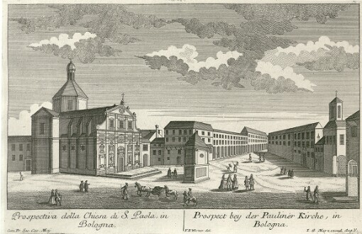 [Representationi essatte delle Prospettive principali delle Chiese de' Monasteri de Pallazzi e delle Piazze nella et attorno la celebre Citta di Bologna di bel nuovo et al vivo dissegnate per Frederigo Bernardo Vernero, Vratisl: Siles: in Augusta Appresso Gio: Giorgio Merz, Mercante d'Intagli di Rame MDCCXXXII: Accurate Abbildungen derer Vornehmsten Prospecte von Kirchen Clöster, Palleste und Plätze in und um die berühmte Stadt Bologna gantz neu nach dem Leben gezeichnet durch Friedrich Bernh. Werner. Wrat: Siles: verlegts Johann Georg Merz, Kunsthandler in Augsburg. MDCXXXII]. Prospectiva della Chiesa di S. Paola, in Bologna - Prospect bey der Pauliner Kirche, in Bologna