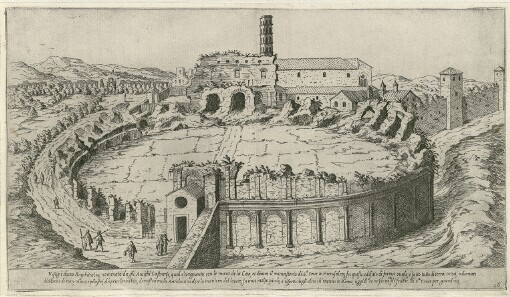 [I vestigi dell'Antichita di Roma Riccolti et Ritratti in Perspettiva con. Ogni diligentia]. 26. Vestigii d'uno Amphiteatro nominato da gli Antichi Castranse, qual e'congiunto con le mura de la Citta et d'intro il monasterio di Sa. Croce in Hierusalem fu questo edifitio di forma ouale e fatto tutto di terra cotta adornato di colonne di mezo rileuo, é pilastri, d'opera Corinthia, dimostra molto Anticho a uedere la maniera del lauore, fu anco molto picolo a rispetto de gli astri ch'eranno in Roma offidi se neseruo. no gli frati di s. Croce per giardino