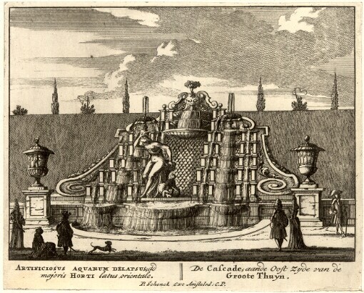 [Admirandorum quadruplex spectaculum delectum, pictum, et aeri in cisum: Loani, ut et villarum Regis Gulielmi reliquarum, conspectus selectiores = Het Loo en andere Vorstelyke Huysen. Pars secunda]. Artificiosus Aquarum delapsus; ad majorisHorti latus orientale = De Cascade; aande Oost Zyde van de Groote Thuyn