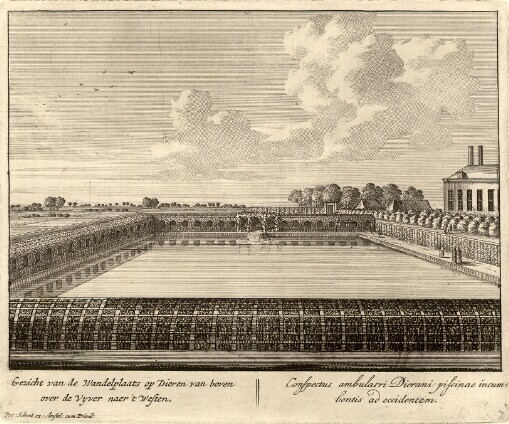 [Praetorium dieranum: Quod a se per omnes partes descriptum ac delineatum Serenissimo Britanniarum Regi Gulielmo II humillime offert]. Gezicht van de Wandelplaats op Dieren van boven over de Vyver naer't Westen = Conspectus ambulaeri Dierani piscinae incumbentis ad occidentem