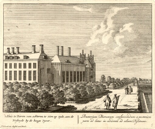 [Praetorium dieranum: Quod a se per omnes partes descriptum ac delineatum Serenissimo Britanniarum Regi Gulielmo II humillime offert]. Et Huis te Dieren van achteren te zien op zyde, aen de Westzyde by de hooge Vyver - Praetorium Dieranum conspiciendum a posteriori parte ad latus in occidenti ad altam Piscinam