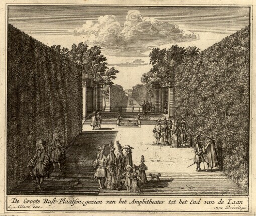 ['T Lust-Hof van Zyn Britannische Majesteit Willem de Derde Op 'T Loo: Beneffens de voornaamste gezichten, daar in begreepen. Te zaamen gesteld, en in't licht uitgegeeven = Representations au Naturel de Loo, Maison de Plaisance de sa Majesté Britannique Guillaume III, Avec les principales Veües qui s'y trouvent]. De Groote Rust-Plaatsen: gezien van het Amplitheater tot het End van de Laan