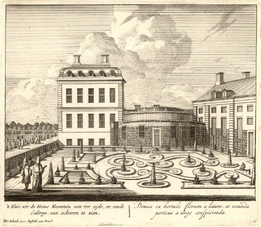 [Delineatio Domus Recreatricis adjacentiumq; Prospectuum amoenissimorum extra urbem Zutphaniensem, auspicys & jussu. 't Huis uit de kleine bloemtuin van ter zyde, en ronde Galerye, van achteren te zien = Domus ex hortulo florum florum a latere, et rotunda porticus a tergo conspicienda