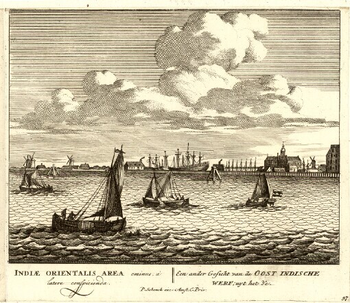 [Afbeeldinge der voornaamste Gebouwen van Amsterdam]. 57. Indiae Orientalis Area eminus à latere conspicienda = Een nader Gesicht van de Oost Indische Werf; uyt het Ye