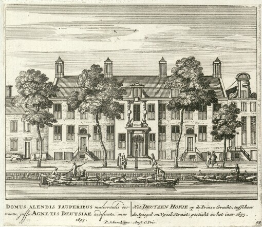 [Afbeeldinge der voornaamste Gebouwen van Amsterdam]. 99. Domus Alendis Pauperibus muliereulis destinata jussu Agnetis Deutsiae aedificata anno 1695 = Het Deutzen Hofje op de Prinse Gracht, tusschen de Spiegel-en Vysel Straat gesticht in het iaar 1695