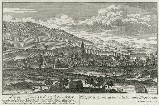 [Accurate Abbildung Nurnbergischer Pfarr-Dörfer: Estampes qui representent tres exactement les villages du territoire de Nurnberg où il y a des Cures. Erster Theil = Premiere Partie]. Happurg - Land-Pfleg-Amt = Happourg, ressortissant à la Chymbre Provinciale