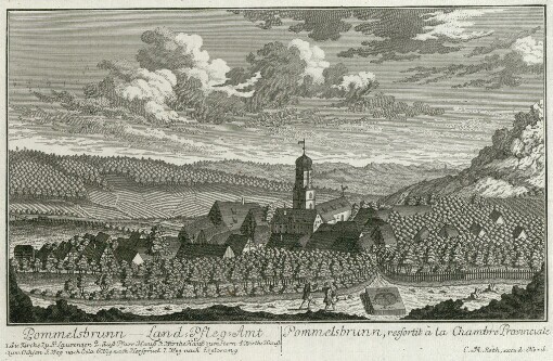 [Accurate Abbildung Nurnbergischer Pfarr-Dörfer: Estampes qui representent tres exactement les villages du territoire de Nurnberg où il y a des Cures. Erster Theil = Premiere Partie]. Pommmelsbrunn - Land-Pfleg-Amt = Pommelsbrunn, ressortit à Chambre Provinciale