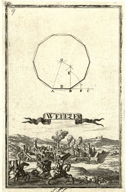 [Ertz-Herzogliche Handgriffe Deß Zirckels und Linials: Oder Außerwählter Anfang zu denen Mathematischen Wissenschafften ... Anhang oder Beschreibung Derer in den Geometrischen Kupffer-Figuren beygefügten Ungarischen Städte, Vestungen und Schlösser]. fff 69. Weitzen
