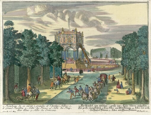 Diverses rares Prospects de belle Jardin d'Anquien 2. lieues eloigne de Bruxelles: Unterschiedliche rare Prospects des schönen Gartens zu Anquien 2. Meil von Brüssel. 3. 1. Rondeau de ce vient 7 grandes et 7 petites Allees. 2. le Grand Pavillon. 3. Allee des Frenes. 4. Allee des Peupliers blanc. 5. Alee des Ormeaux. = 1. Das Rondel, von welchem 7. grosse und 7 kleine Alleen außgehen. 2. Das grosse runde Schloß. 3. Eine Allee von Esch Bäumen. 4. Alee von weißsen Pappel Bäumen. 5. Allee von Ulmen Bäumen