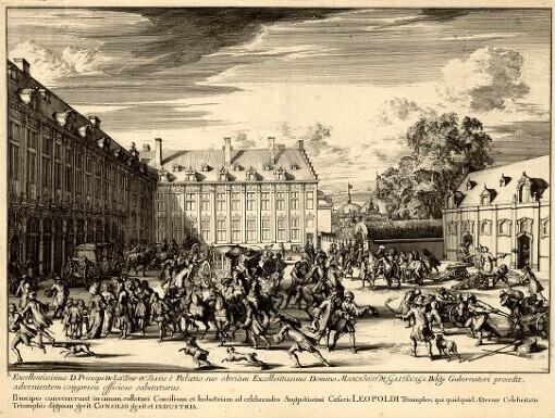 [Divo et invictissimo Leopoldo I: P. F. A. Fidei in Hungaria Assertori, Rebellium Domitori, Turcarum Debellatori, Ob Budem septimò Inexpugnabilem Armis Voctricus occupatam Ignes Triumphales Bruxellis extructos Dedicant Consecrantq; Fama et Gloria]. 3. Excellentissimus D. Princeps De La Tour et Tassis è Palatio suo obviàm Excellentissimo Domino Marchioni de Gastanaga Belgii Gubernatori procedit, advenientem congressu officioso salutaturus. Principes convenerunt in unum, collaturi Consilium et Industriam ad celebrandos Augustissimi Caesaris Leopoldi Triumphos, qui quidquid Aeternae Celebritatis Triumphis dignum gerit, Consilio gerit et Industria