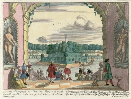 [Diverses rares Prospects de belle Jardin d'Anquien 2. lieues eloigne de Bruxelles: Unterschiedliche rare Prospects des schönen Gartens zu Anquien 2. Meil von Brüssel]. 5. l'Arc Triomphale ou Porte du Parc. 2. la Vielle muraille du Parc. 3. Garenne. 4. le Vivier. 5. la Motte = 1. Der Triumph oder Thor deß Thier Gartens. 2. Die alte Maur deß Thier Gartens. 3. Der Caninichen Berg. 4. Der Fisch Weyher. 5. Ein erhabner Hügel