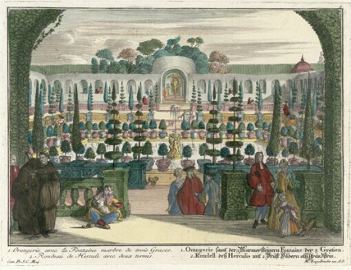 [Diverses rares Prospects de belle Jardin d'Anquien 2. lieues eloigne de Bruxelles: Unterschiedliche rare Prospects des schönen Gartens zu Anquien 2. Meil von Brüssel]. 9. 1. Orangerie avec la Fontaine marbre de trois Graces. 2. Rondeau de Hercule avec deux termes = 1. Orangerie samt der Marmorsteinern Fontane der 3 Gratien. 2. Rondell deß Herculis unt 2 Brust Bildern alß Gränzstein