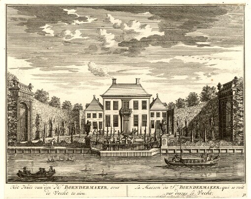 [De Zegepraalende Vecht: Vertoonende verscheidene Gesichten van Lustplaatsen, Heeren Huysen en Dorpen, Beginnende van Uitrecht en met Muyden besluytende = La Triomphante Riviere de Vecht, Remonstrant diverses Veües des Lieux de Plaisances et Maisons Seignor ales et Villages; Commençant de Uitrecht & finissant avec Muyden]. 31. Het Huis van den Hr. Boendermaker, over de Vecht te sien = La Maison du Sr. Boendermaker, qui se voit par dessus le Vecht