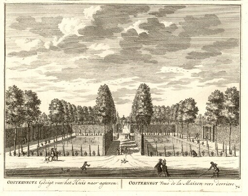 [De Zegepraalende Vecht: Vertoonende verscheidene Gesichten van Lustplaatsen, Heeren Huysen en Dorpen, Beginnende van Uitrecht en met Muyden besluytende = La Triomphante Riviere de Vecht, Remonstrant diverses Veües des Lieux de Plaisances et Maisons Seignor ales et Villages; Commençant de Uitrecht & finissant avec Muyden]. 71. Oostervechts Gesigt van het Huis naer agteren = Oostervegt Veue de la Maison vers derriere