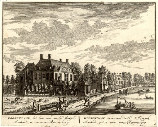 [De Zegepraalende Vecht: Vertoonende verscheidene Gesichten van Lustplaatsen, Heeren Huysen en Dorpen, Beginnende van Uitrecht en met Muyden besluytende = La Triomphante Riviere de Vecht, Remonstrant diverses Veües des Lieux de Plaisances et Maisons Seignor ales et Villages; Commençant de Uitrecht & finissant avec Muyden]. 6. Roosendaal; het huis van den Hr. Joseph Aredondo, te sien naer = Roosendaal La maison du Sr. Joseph Aredondo, qui se voit vers