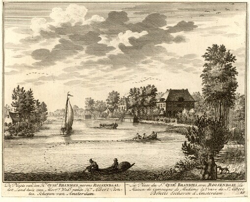 [De Zegepraalende Vecht: Vertoonende verscheidene Gesichten van Lustplaatsen, Heeren Huysen en Dorpen, Beginnende van Uitrecht en met Muyden besluytende = La Triomphante Riviere de Vecht, Remonstrant diverses Veües des Lieux de Plaisances et Maisons Seignor ales et Villages; Commençant de Uitrecht & finissant avec Muyden]. 89. De Plaets van den Hr. Quirn. Brandjes; nevens Roosendaal; het Land-huis van Mevre: Wede: vande Hr. Albert Bentes, Schepen van Amsterdam = La Place du Sr. Quirn. Brandjes, avec Roosendaal, la Maison de Campagne de Madame la Veuve du Sr. Albert Bentes Eschevin d'Amsterdam