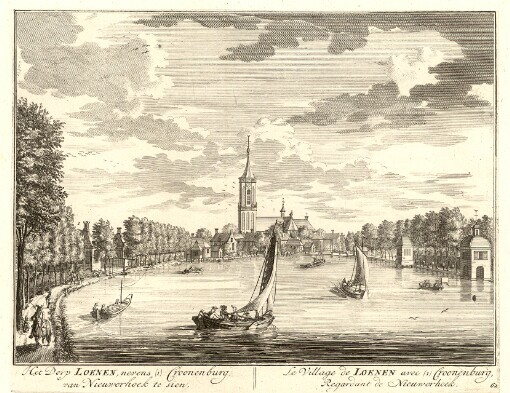[De Zegepraalende Vecht: Vertoonende verscheidene Gesichten van Lustplaatsen, Heeren Huysen en Dorpen, Beginnende van Uitrecht en met Muyden besluytende = La Triomphante Riviere de Vecht, Remonstrant diverses Veües des Lieux de Plaisances et Maisons Seignor ales et Villages; Commençant de Uitrecht & finissant avec Muyden]. 62. Het Dorp Loenen, nevens [1] Croonenburg van Nieuwerhoek te sien = Le Village de Loenen avec [1] Croonenburg Regardant de Nieuwerhoek