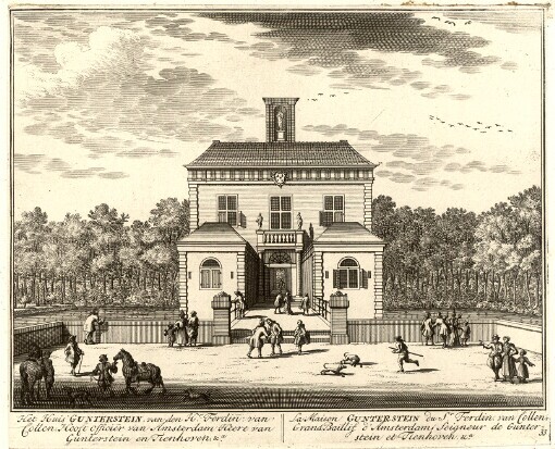 [De Zegepraalende Vecht: Vertoonende verscheidene Gesichten van Lustplaatsen, Heeren Huysen en Dorpen, Beginnende van Uitrecht en met Muyden besluytende = La Triomphante Riviere de Vecht, Remonstrant diverses Veües des Lieux de Plaisances et Maisons Seignor ales et Villages; Commençant de Uitrecht & finissant avec Muyden]. 33. Het Huis Gunterstein, van den Hr. Ferdin. van Collen. Hooft officier van Amsterdam Heere van Gunterstein en Tienhoven &c. = La Maison Gunterstein du Sr. Ferdin: van Collen, Grand Baillif d'Amsterdam, Seigneur de Gunterstein et Tienhoven &c