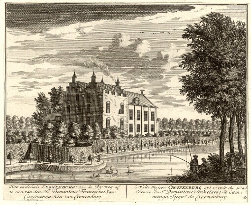 [De Zegepraalende Vecht: Vertoonende verscheidene Gesichten van Lustplaatsen, Heeren Huysen en Dorpen, Beginnende van Uitrecht en met Muyden besluytende = La Triomphante Riviere de Vecht, Remonstrant diverses Veües des Lieux de Plaisances et Maisons Seignor ales et Villages; Commençant de Uitrecht & finissant avec Muyden]. 60. Het oude huis Cronenburg; van de Ry-weg af te sien van den Hr. Dominicus Franciscus van Camminga Heer van Cronenburg = La vielle maison Croonenburg qui se voit du grand Chemin du Sr. Dominicus Franciscus de Camminga Seignr. de Croonenburg