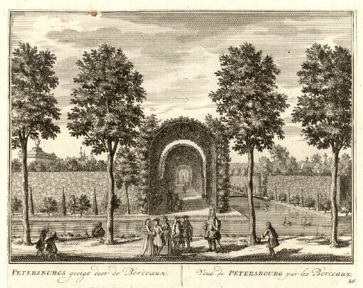 [De Zegepraalende Vecht: Vertoonende verscheidene Gesichten van Lustplaatsen, Heeren Huysen en Dorpen, Beginnende van Uitrecht en met Muyden besluytende = La Triomphante Riviere de Vecht, Remonstrant diverses Veües des Lieux de Plaisances et Maisons Seignor ales et Villages; Commençant de Uitrecht & finissant avec Muyden]. 86. Petersburg gesigt door de Berceaux = Veue de Petersbourg par les Berceaux
