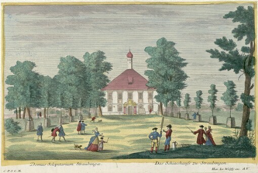 [Theatrum Danubii exhibens Varios Prospectus amoenissimos Arcium, Templorum, Coenobiorum etc. quae Danubio adjacent ac Augusta iter faciendes Viennam oculis usurpantur: Schauplatz des Donau-Storms das ist Unterschidliche angenehme Prospecte von Schlössern, Kirchen, Clöstern welche sich auf der Reisse von Augspurg nach Wienn an der Donau liegend praesentiren]. 23. Domus Sclopetarium Straubingae = Das Schiesshauss zu Straubingen