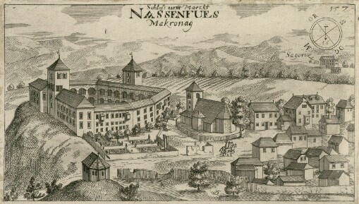 [Topographia Ducatus Carnioliae modernae das ist Controsee aller Stätt Märckht, Clöster, undt Schlösser, wie sie anietzo stehen in dem Hertzogthumb Crain]. 157. Schloss untt Marckt Nassenfues = Makronag