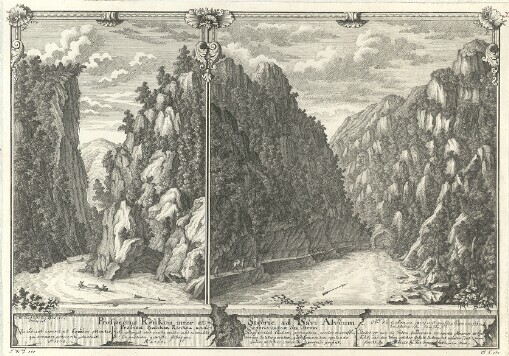 Prospectus Renkou inter et Sigorie ad Savi Alveum: In Area ostenditur illa difficilis Eluvies A.B. scut et inoequalitas Via una cum magnis Alveo inexistentibus Scopulis et Saxonis, qualiter fuerunt intra et extra Aquam cum petrosa Congerie C. excisa et Eluvies sublata Porro fuit Via 720 Org: Longa elaborata et as tute naviculandum accommodata quod expressius tum ex Prospectu, tum ex adjuncta Intercisione D.E. conspici potest A. 1736