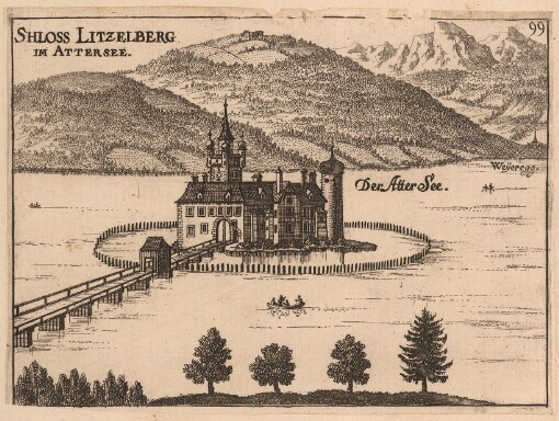 [Topographia Austriae Superioris Modernae: Das ist: Contrafee vnd Abbildung aller Städt, Clöster, Herrschafften vnd Schlösser, deß Etz-Hertzogthumbs Oesterreich, Ob der Ennß, welche Theils nach freyen Aug, Theils nach der Perspectivae Kunst ad vivum deliniert vnd abgezeichnet worden, sambt einer Specification der Jetzigen Herrn Possessorn vnd Besitzer]. Schloss Litzelberg im Attersee