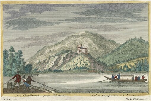 [Theatrum Danubii exhibens Varios Prospectus amoenissimos Arcium, Templorum, Coenobiorum etc. quae Danubio adjacent ac Augusta iter faciendes Viennam oculis usurpantur: Schauplatz des Donau-Storms das ist Unterschidliche angenehme Prospecte von Schlössern, Kirchen, Clöstern welche sich auf der Reisse von Augspurg nach Wienn an der Donau liegend praesentiren]. 56. Arx Greiffenstein prope Viennam = Schloss Greiffenstein vor Wienn