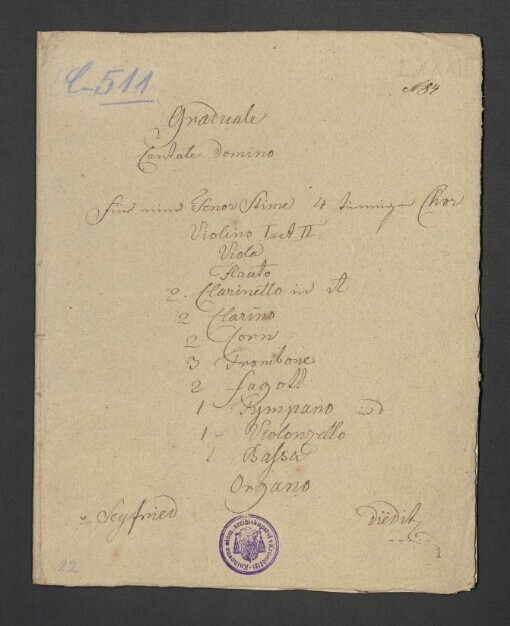 Graduale Cantate Domino: 4 Stimmen Tenor, 4 Stimmen Chor, 2 Violino, Viola, Flauto, 2 Clarineto, 2 Clarino, 2 Corni, 3 Trombone, 2 FAgott, Tympano, Violoncello, Bassa, Organo