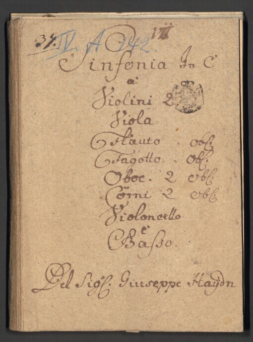 Sinfonia in C: 2 Violini, Viola, Flauto oblig., Fagotto oblig., 2 Oboe oblig., 2 Corni in C oblig., Violoncello oblig., Basso