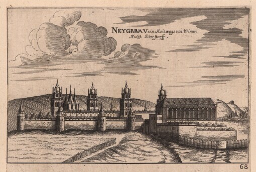 [Topographia Archidvcatvs Avstriae Inf- Modernae- seu: Controfee vnd Beschreibung. aller Stätt Closter vnd Schlösser wie sie anietzo stehen in dem Ertzhertzogtumb unter Osterreich. Das Viertl unter Wiener waldt]. 68. Neygebav ein Meil wegs von Wienn Nechst Eberstorff