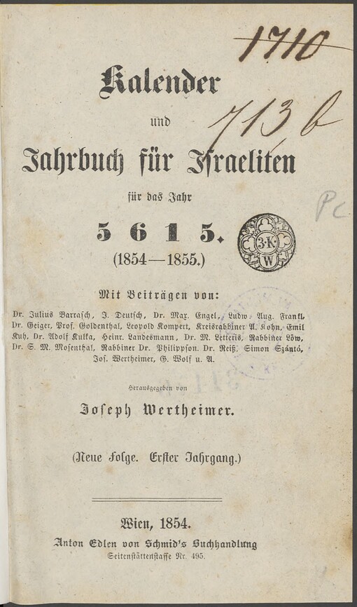 Kalender und Jahrbuch für Israeliten für das Jahr 5615. Jg. 1. Neue Folge